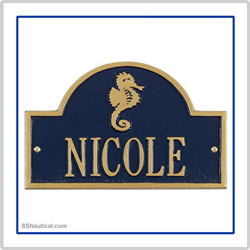 Seahorse Mini Arch Marker Address Plaque - Blue with Gold Lettering
